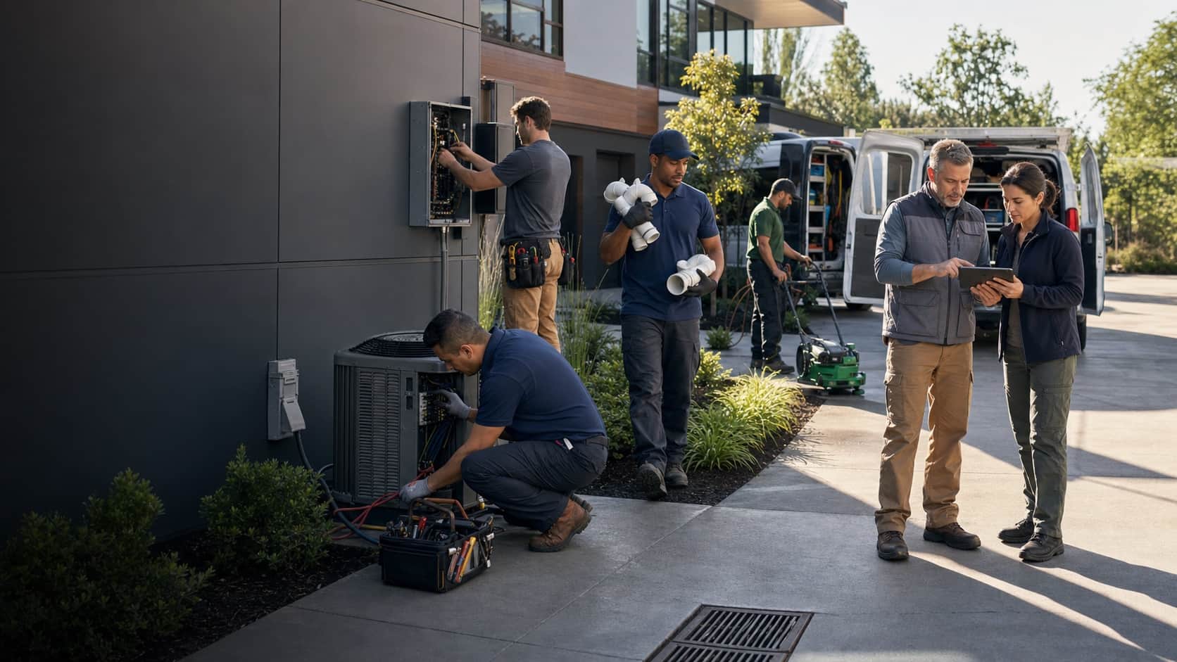 HVAC, electrical, plumbing, landscaping, and contracting professionals working at a service property