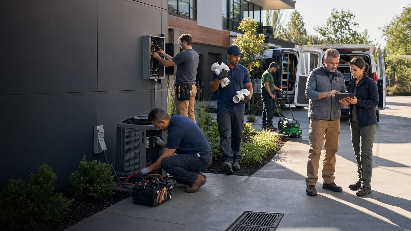 HVAC, electrical, plumbing, landscaping, and contracting professionals working at a service property
