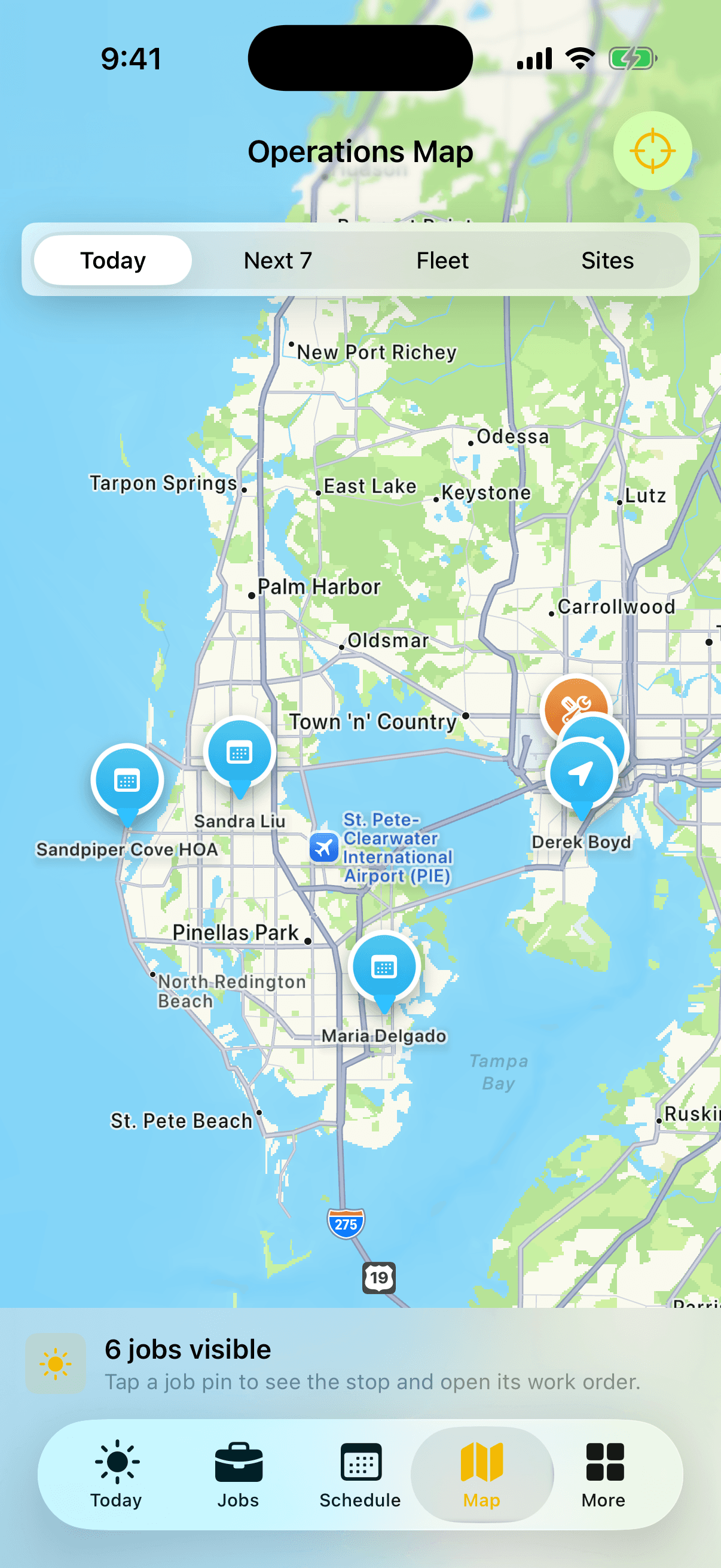Job Fleet operations map with anchored job markers