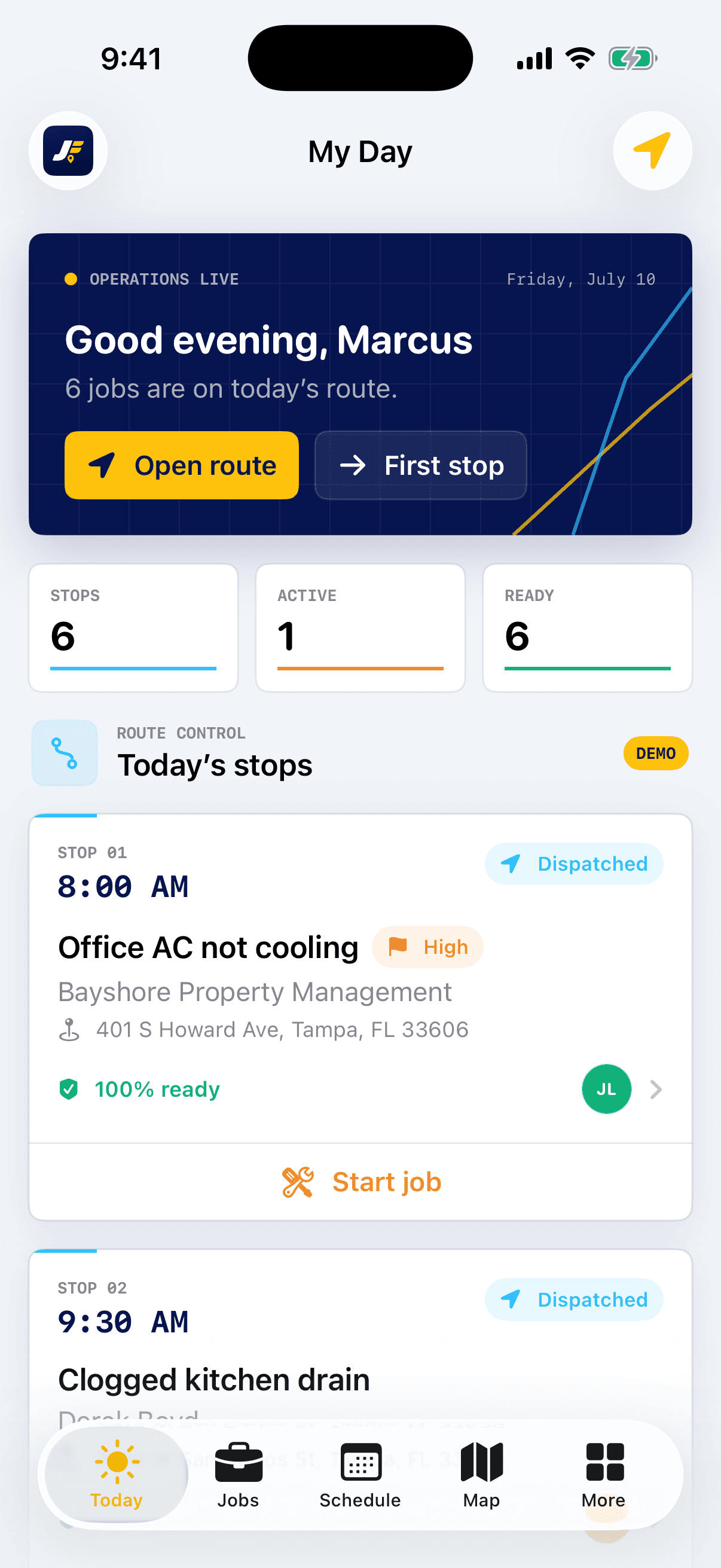 Job Fleet My Day route on iPhone